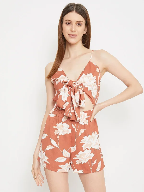 Berrylush Women Brown Floral Printed Front Tie-Knot Jumpsuit