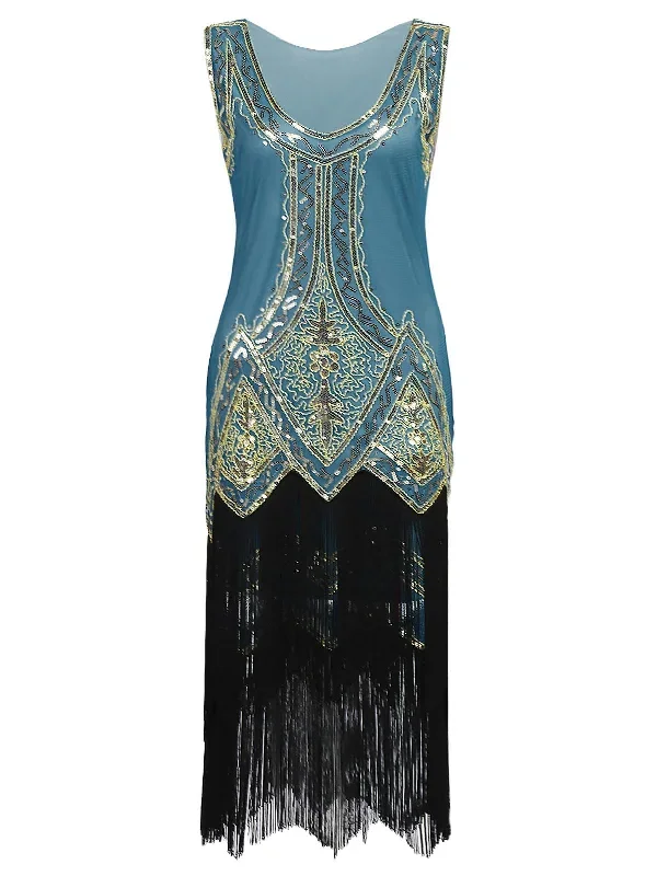 Lake Blue 1920s Beaded Fringed Dress