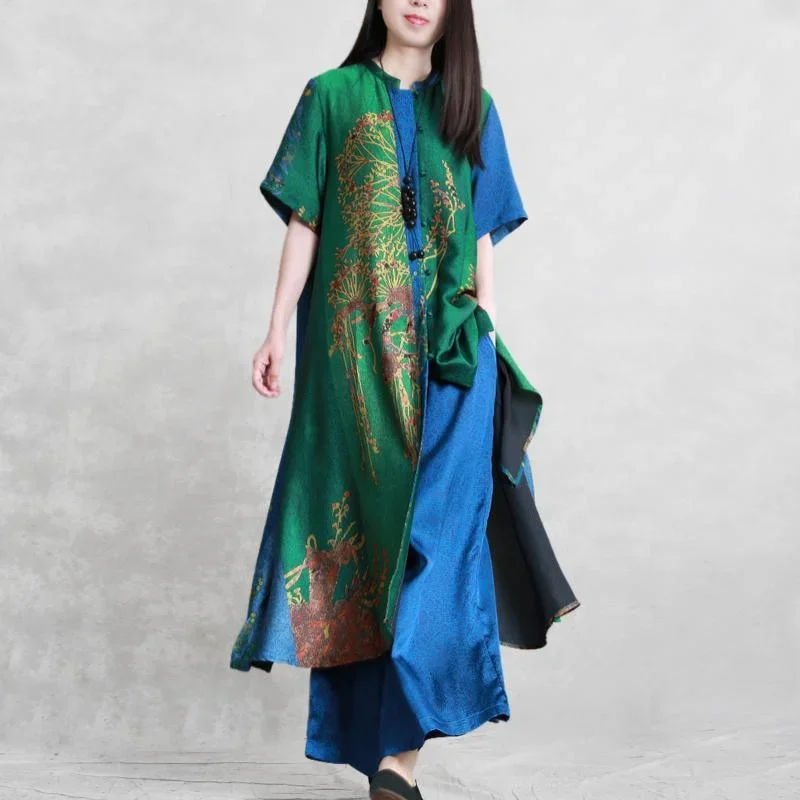 Large size fashion expensive silk suit summer blue green ethnic style drape irregular long coat wide leg pants