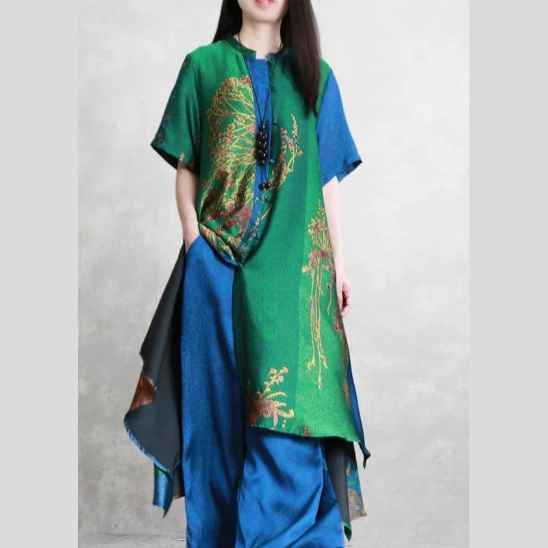 large-size-fashion-expensive-silk-suit-summer-blue-green-ethnic-style-drape-irregular-long-coat-wide-leg-pants