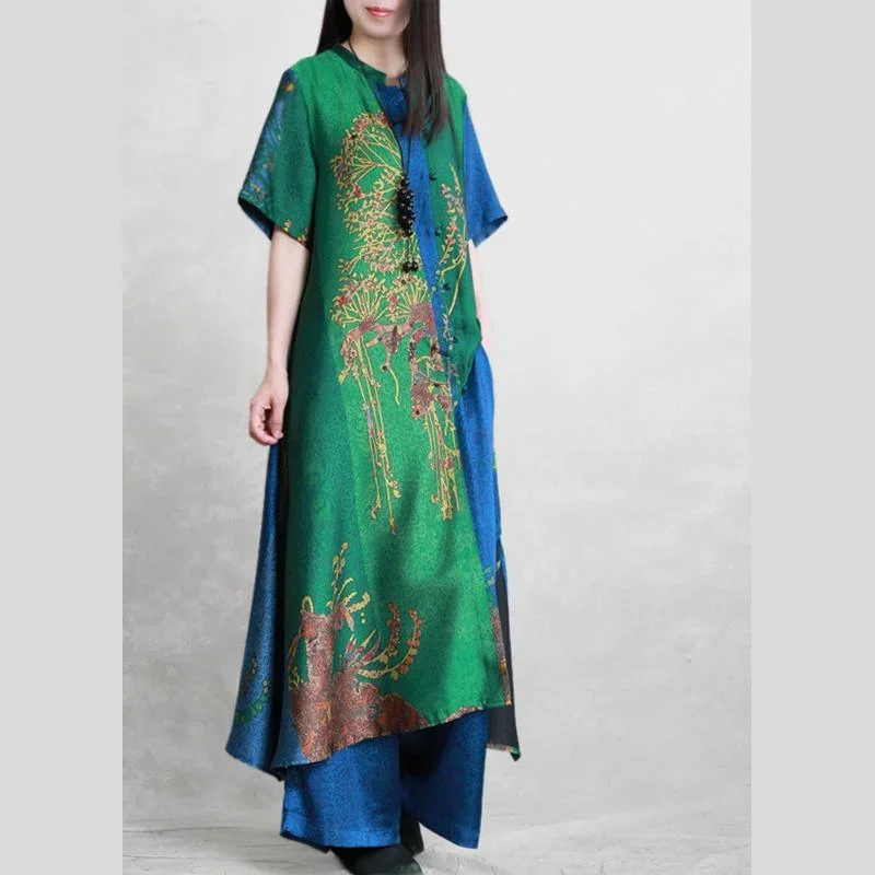 large-size-fashion-expensive-silk-suit-summer-blue-green-ethnic-style-drape-irregular-long-coat-wide-leg-pants