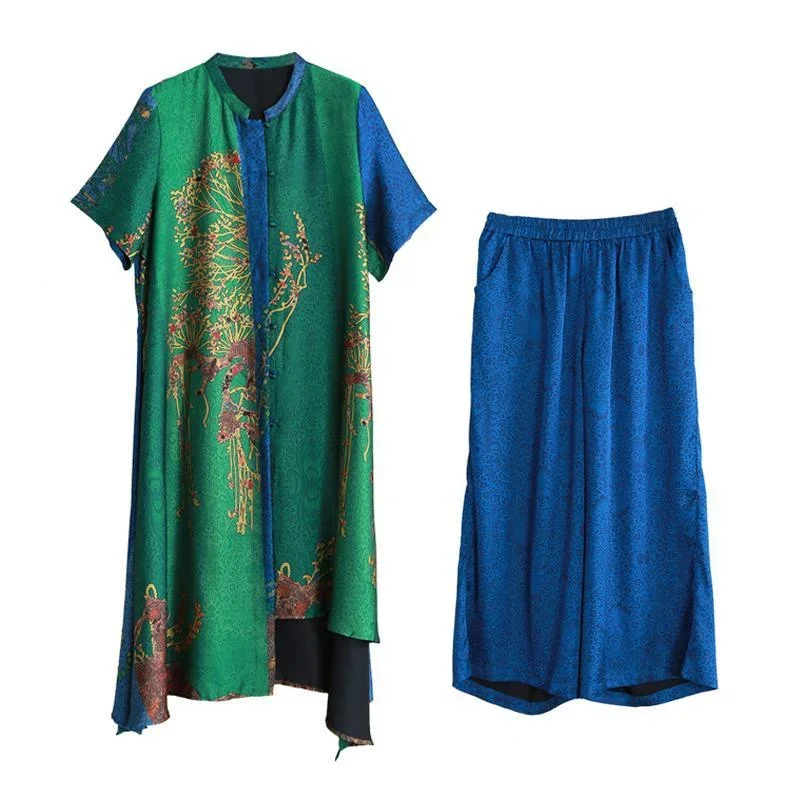 large-size-fashion-expensive-silk-suit-summer-blue-green-ethnic-style-drape-irregular-long-coat-wide-leg-pants