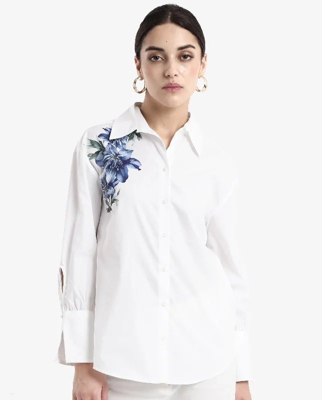 Rareism Women's Lazia White Cuffed Sleeve Collared Neck Floral Print Shirt