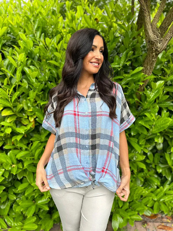 Light Blue Checked Pattern Tie Front Blouse Hayley