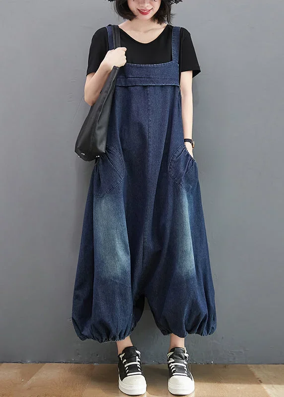 Loose Blue Pockets High Waist Patchwork Jumpsuits Sleeveless