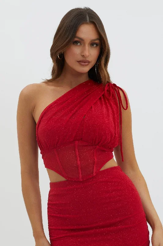 Maddisan One-Shoulder Glitter Mesh Top Red