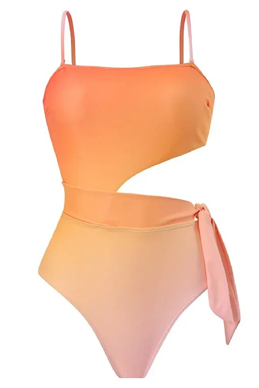 Maillot de bain une pièce orange taille haute avec découpe