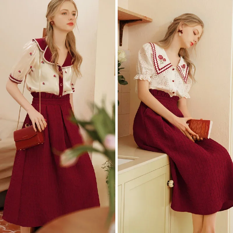 Wine-colored high-waisted umbrella skirt 