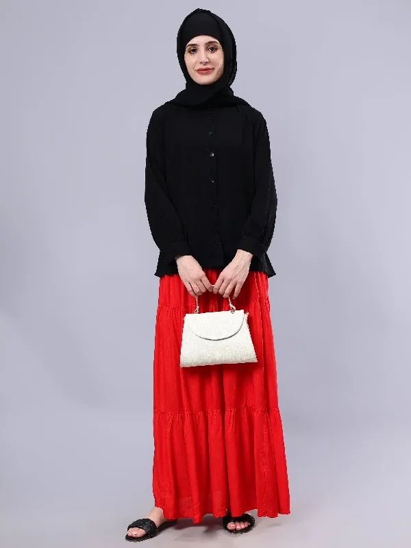 Nabia Women Red Solid Flared Maxi Skirt