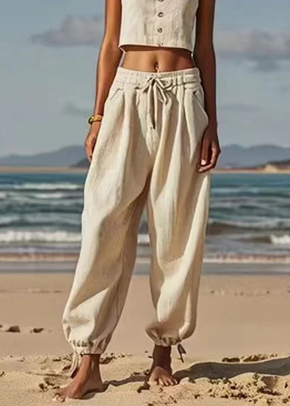 natural-beige-patchwork-tie-waist-lantern-pants-summer