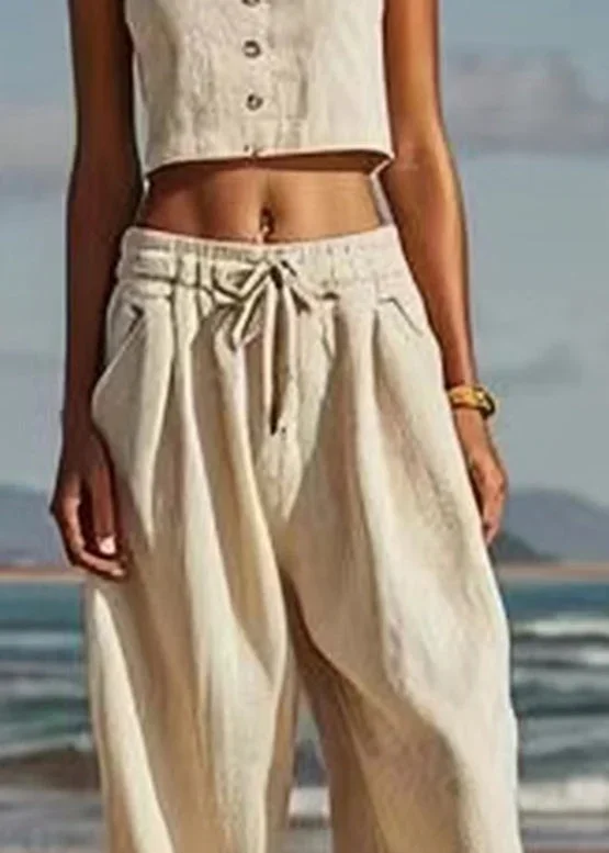 natural-beige-patchwork-tie-waist-lantern-pants-summer