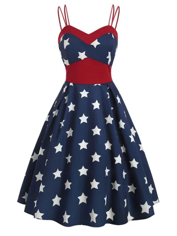 Navy Blue 1950s Stars Spaghetti Strap Dress