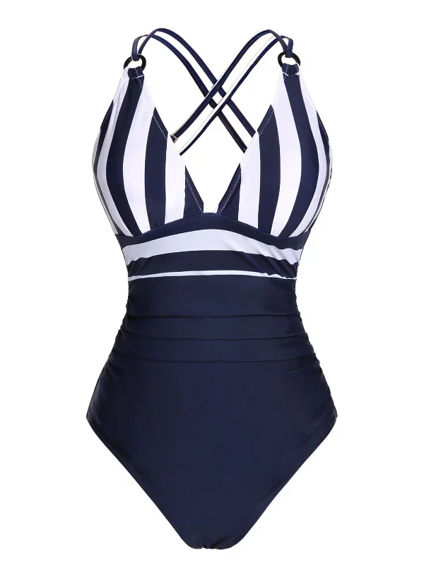 [Pre-Sale] Navy Blue Stripes Strap Patchwork Swimsuit