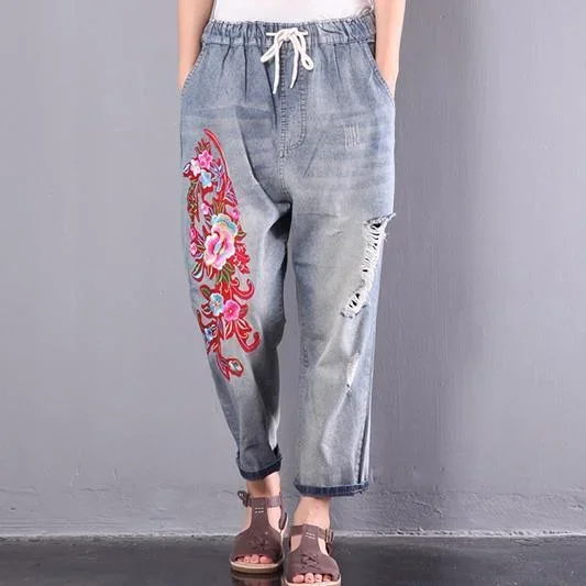 new light blue prints vintage embroidery pants loose casual ripped jeans