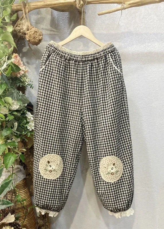 new-plaid-pockets-elastic-waist-patchwork-cotton-crop-pants-spring