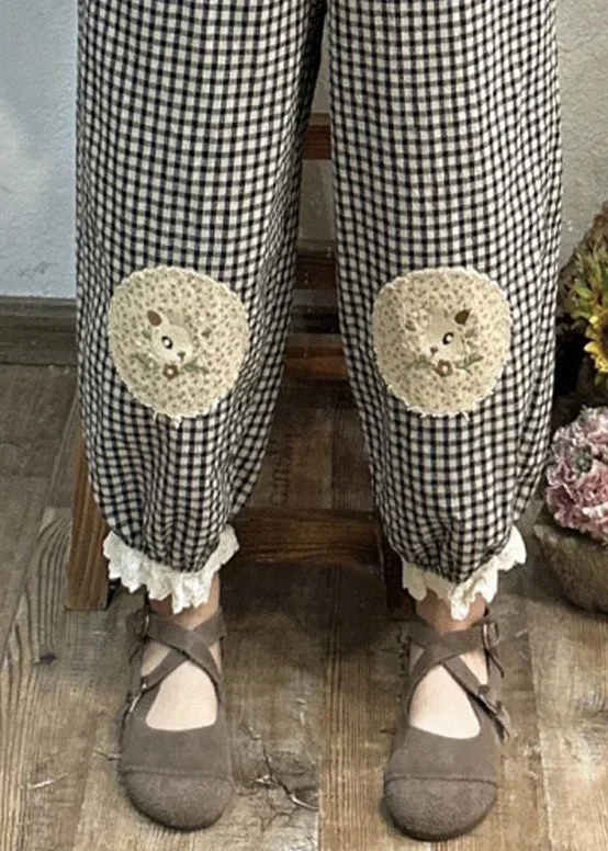 new-plaid-pockets-elastic-waist-patchwork-cotton-crop-pants-spring