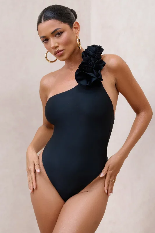 Octavias | Black One-Shoulder Floral Swimsuit