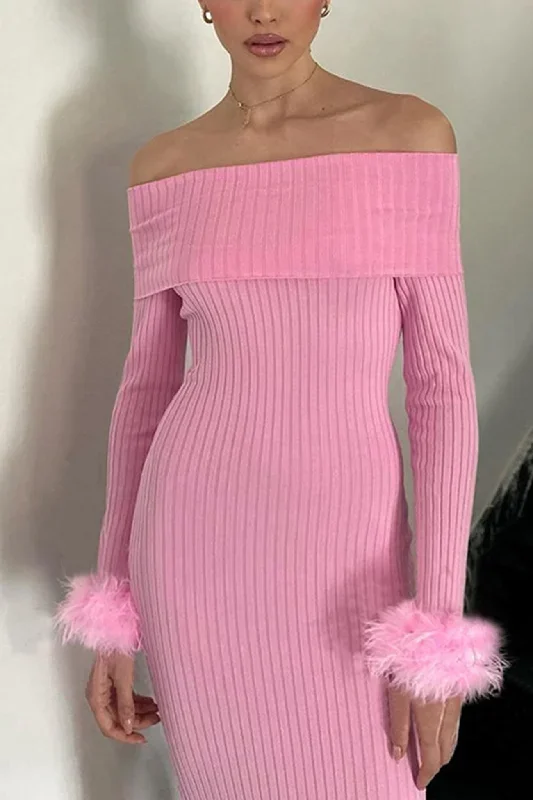 off-shoulder-fuzzy-cuff-ribbed-knit-dress