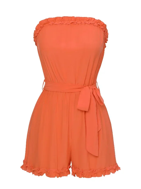 Orange Red 1950s Solid Belt Bandeau Romper