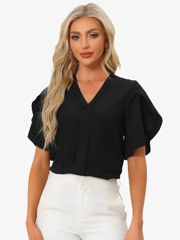 Dressy Casual Tops V Neck Business Work Petal Sleeve Blouse