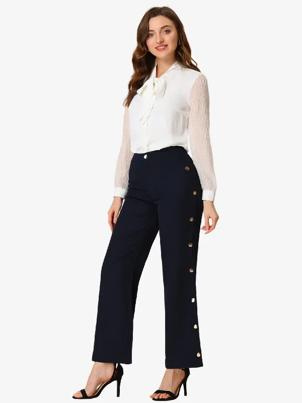 Elegant Flare Pant Snap Button Side Split Palazzo Wide Leg Trouser