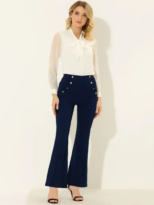 Work Trousers Button Decor High Waisted Bell Bottom Pants