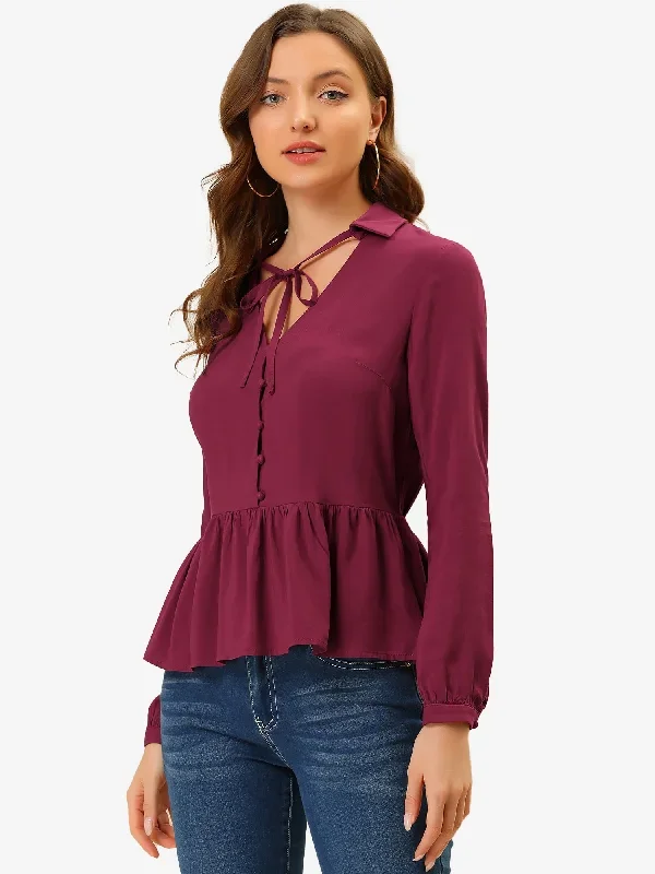 Peplum Button Self-Tie V Neck Ruffle Long Sleeve Blouse