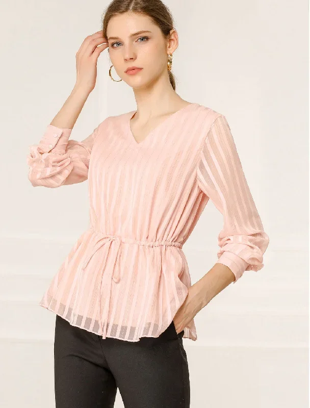 Peplum Tops V Neck Tie Waist Work Shirt Long Sleeve Chiffon Blouse