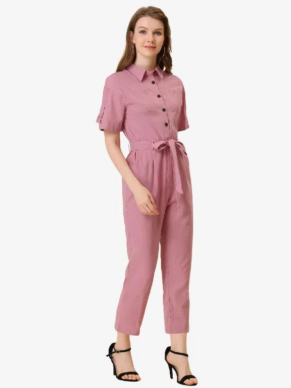 Short Sleeve Button Down Tie Waist Cotton Cargo Jumpsuit