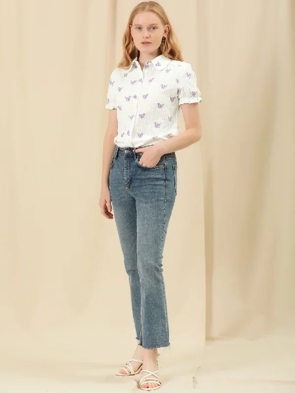 Floral Printed Peter Pan Collar Cotton Short Sleeve Shirt