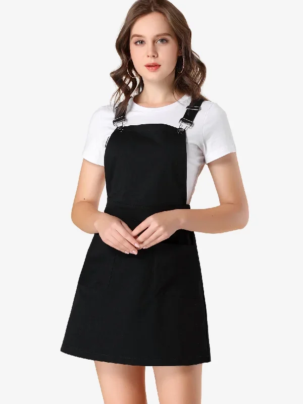 Adjustable Strap Suspender Skirt Pocket A-Line Pinafore Overall Dress