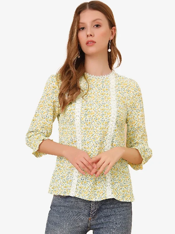 3/4 Sleeve Round Neck Retro Ruffle Cuff Elegant Ditsy Floral Blouse