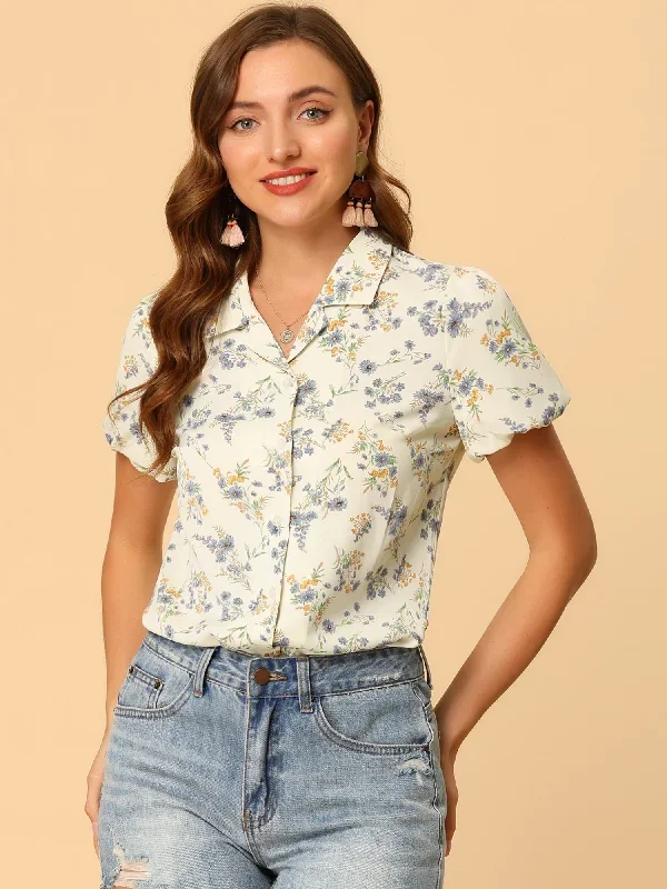 Floral Notched Lapel Summer Casual Button Up Short Sleeve Shirt