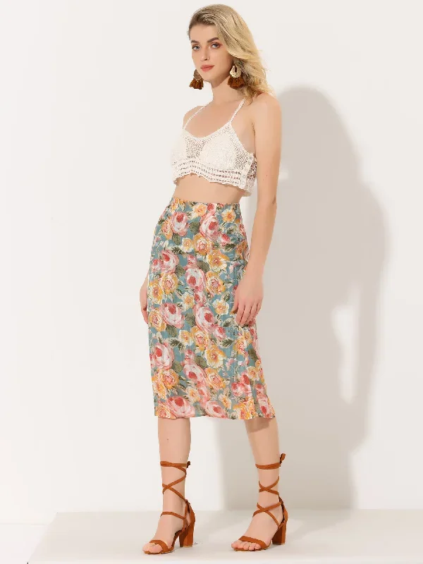 Floral Chiffon High Waist Midi Pencil Skirt