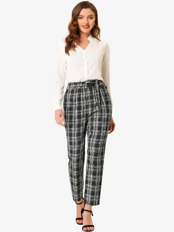 High Waist Trousers Belted Straight Leg Office Work Plaid Paper Bag Pants