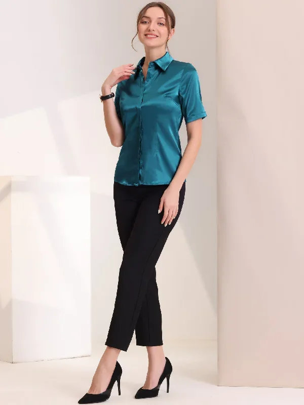 Casual Short Sleeve Satin Silky Work Business Button Down Shirt