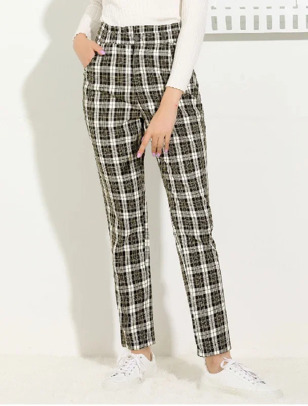 Plaid Work Ankle Pants Tartan Check Elastic High Waist Trousers