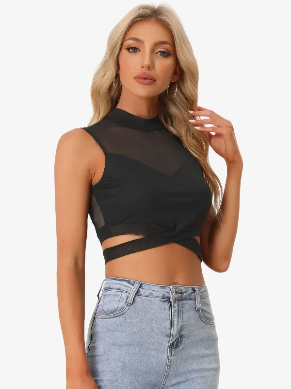 Solid Mesh Sheer Sleeveless Waist Cross Camisole Crop Tank Top