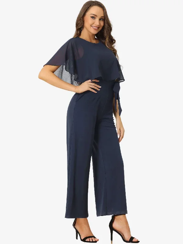 Cape Sleeve Belted Wide Leg Pants Casual Jumpsuit