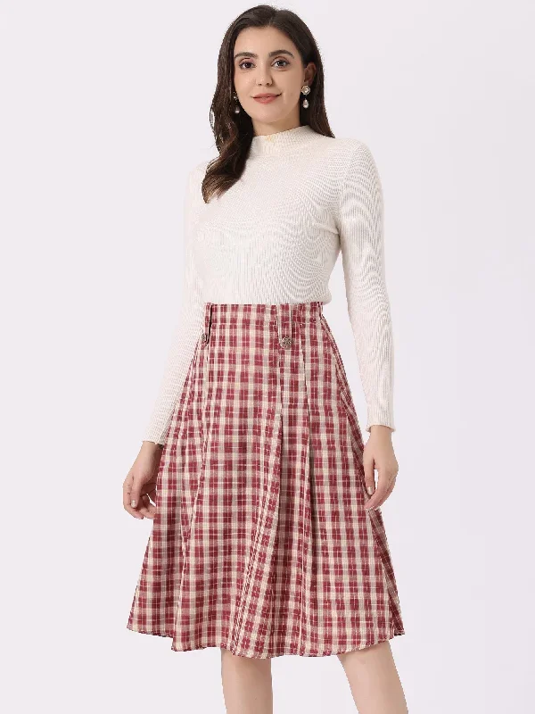 Vintage Plaid High Waist Pleated A-Line Midi Skirt