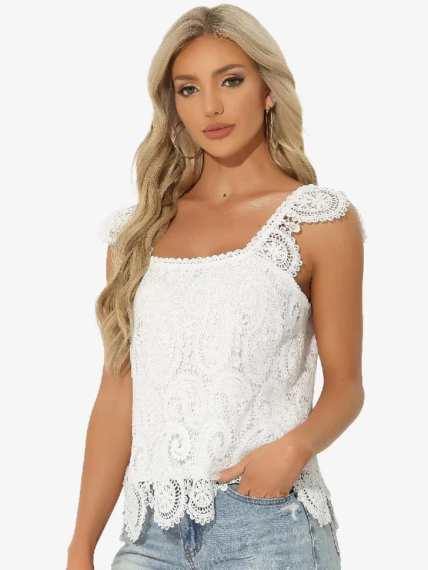 Paisley Lace Square Neck Flutter Sleeve Vacation Blouse