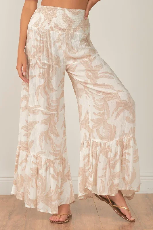 Palm Print Smocked Ruffle Wide Leg Pant