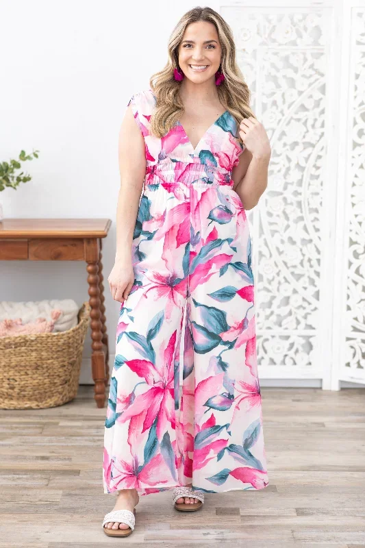 Pink Tropical Floral Print Chiffon Jumpsuit