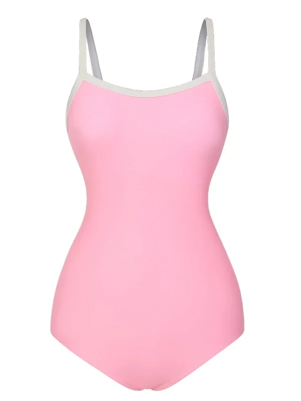 Pink & White 1950s U-Back Strap Swimsuit