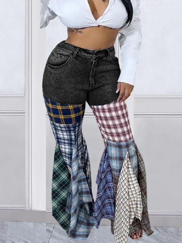 plaid-patchwork-denim-jeans