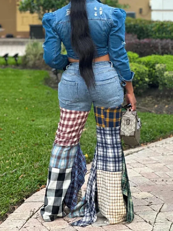 plaid-patchwork-denim-jeans