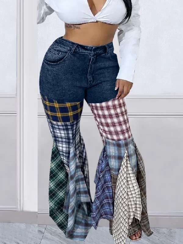 plaid-patchwork-denim-jeans