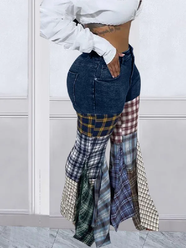 plaid-patchwork-denim-jeans