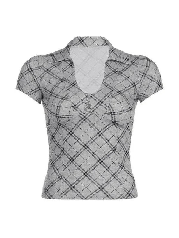 plaid-v-neck-slim-short-sleeve-tee