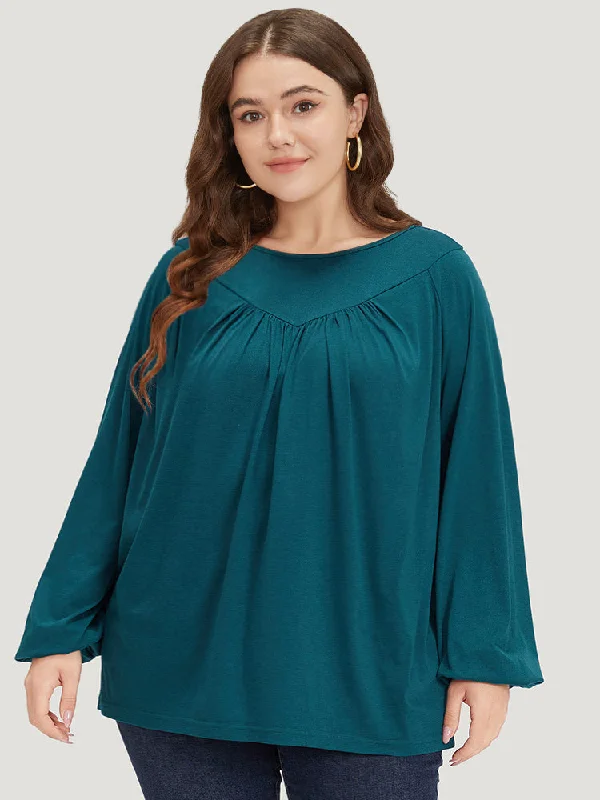 plain-plicated-detail-round-neck-lantern-sleeve-t-shirt